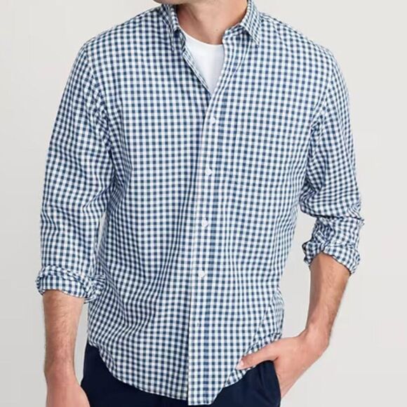 Men Classic-Fit Everyday Button Down Shirt in Light Blue Gingham Extra Large - Picture 1 of 8
